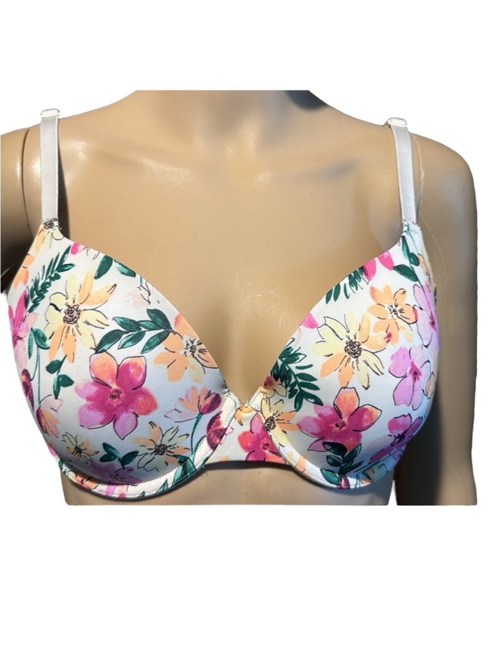 PINK Victoria's Secret White Floral PushUp Bra with Pink & Peach Blooms Size 34D